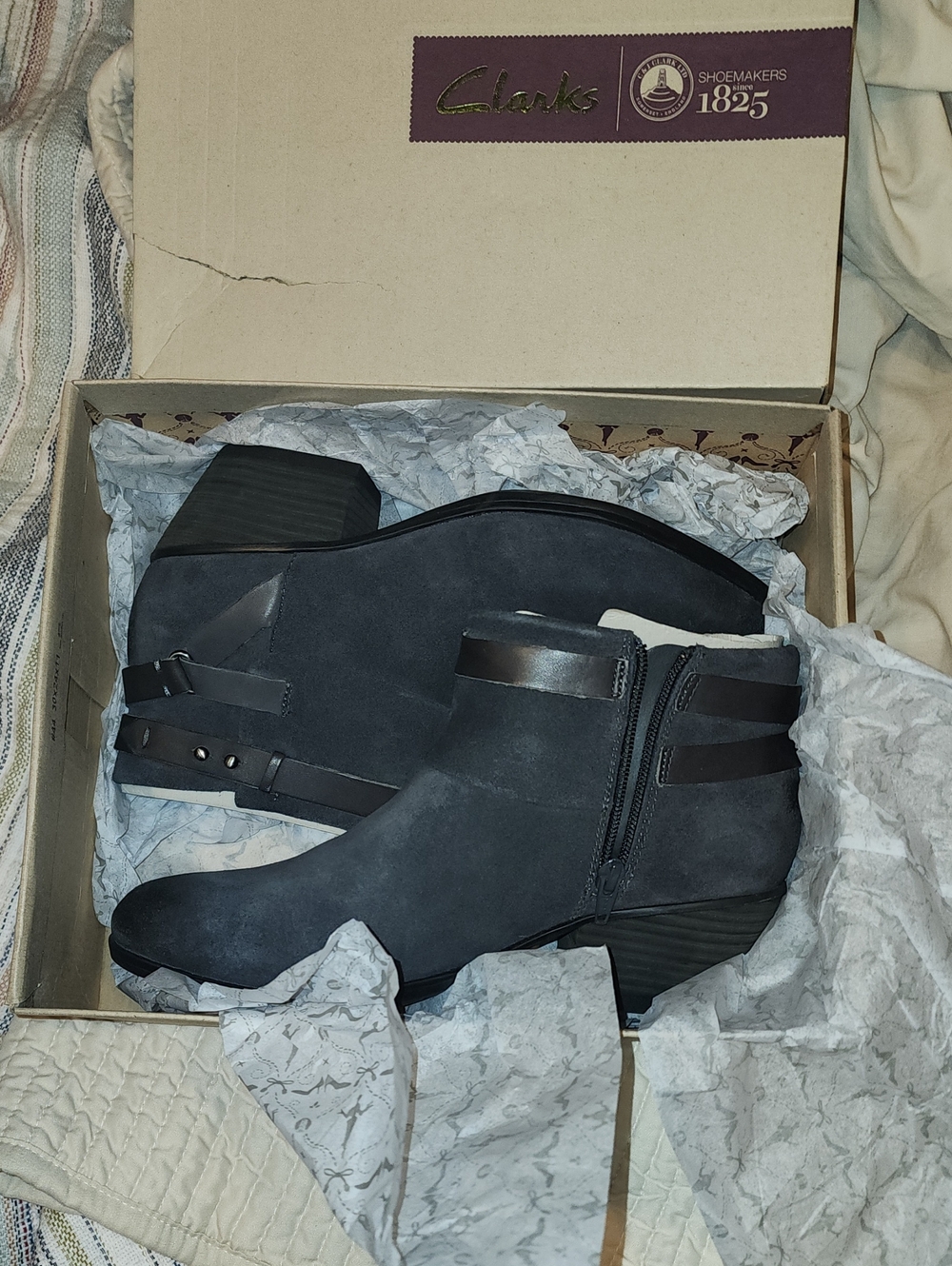 New Clarks Women's Charcoal Gray Suede Ankle Boot with Strap Detail